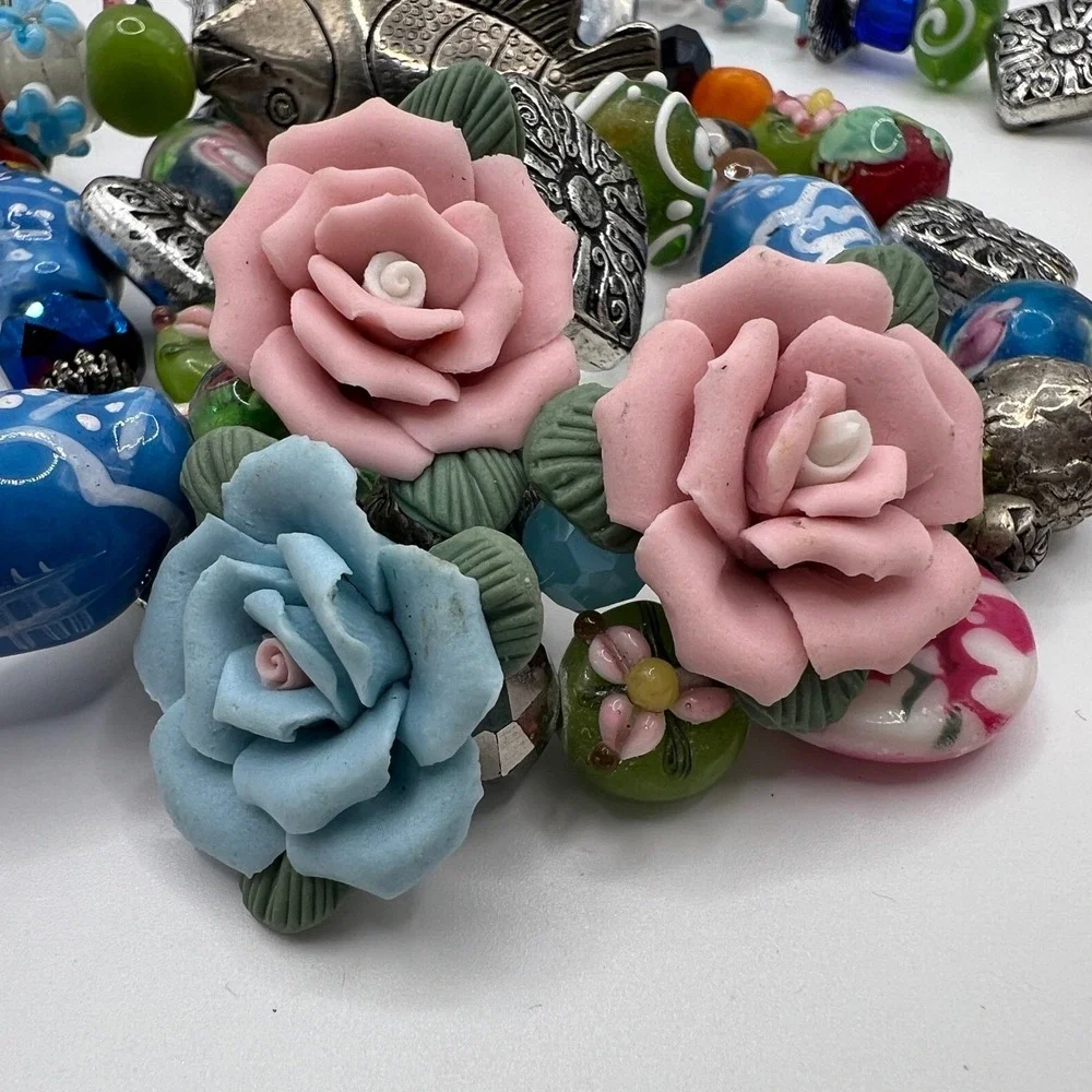 Geisha‎ Multi Strand Beaded Necklace Porcelain Lampwork Fish Nesting Doll Floral
